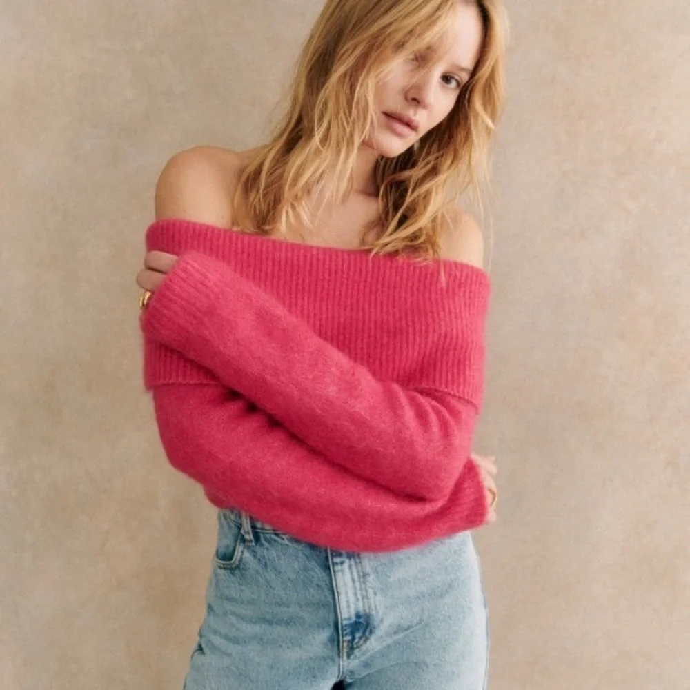 Sezane Aurore Jumper Pop Pink Knit Wool Off Shoulder Sweater - Picture 5 of 9